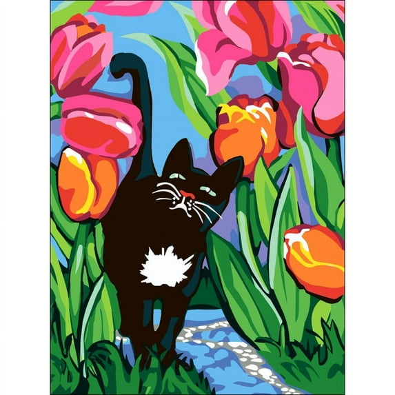 Collection D'Art Needlepoint Printed Tapestry Canvas, 40cm x 50cm, Cat with Tulips