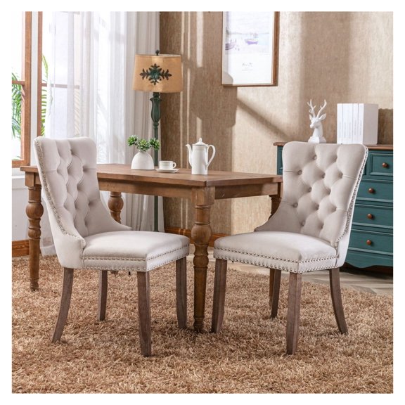 Collection Modern, High-end Tufted Solid Wood Contemporary Upholstered Dining Chair with Wood Legs Nailhead Trim 2-Pcs Set,Beige, SW2001BG