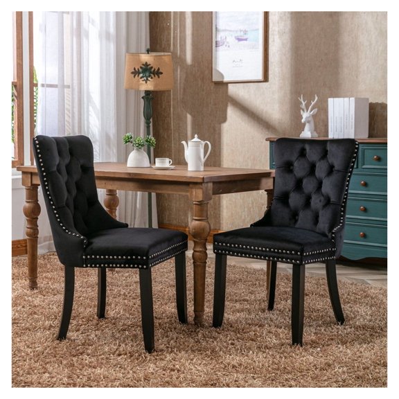 Collection Modern, High-end Tufted Solid Wood Contemporary Upholstered Dining Chair with Wood Legs Nailhead Trim 2-Pcs Set, Black, SW2001BK
