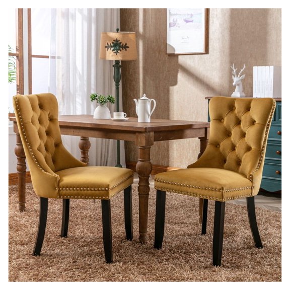 Collection Modern, High-end Tufted Solid Wood Contemporary Upholstered Dining Chair with Wood Legs Nailhead Trim 2-Pcs Set,Gloden, SW2001GL