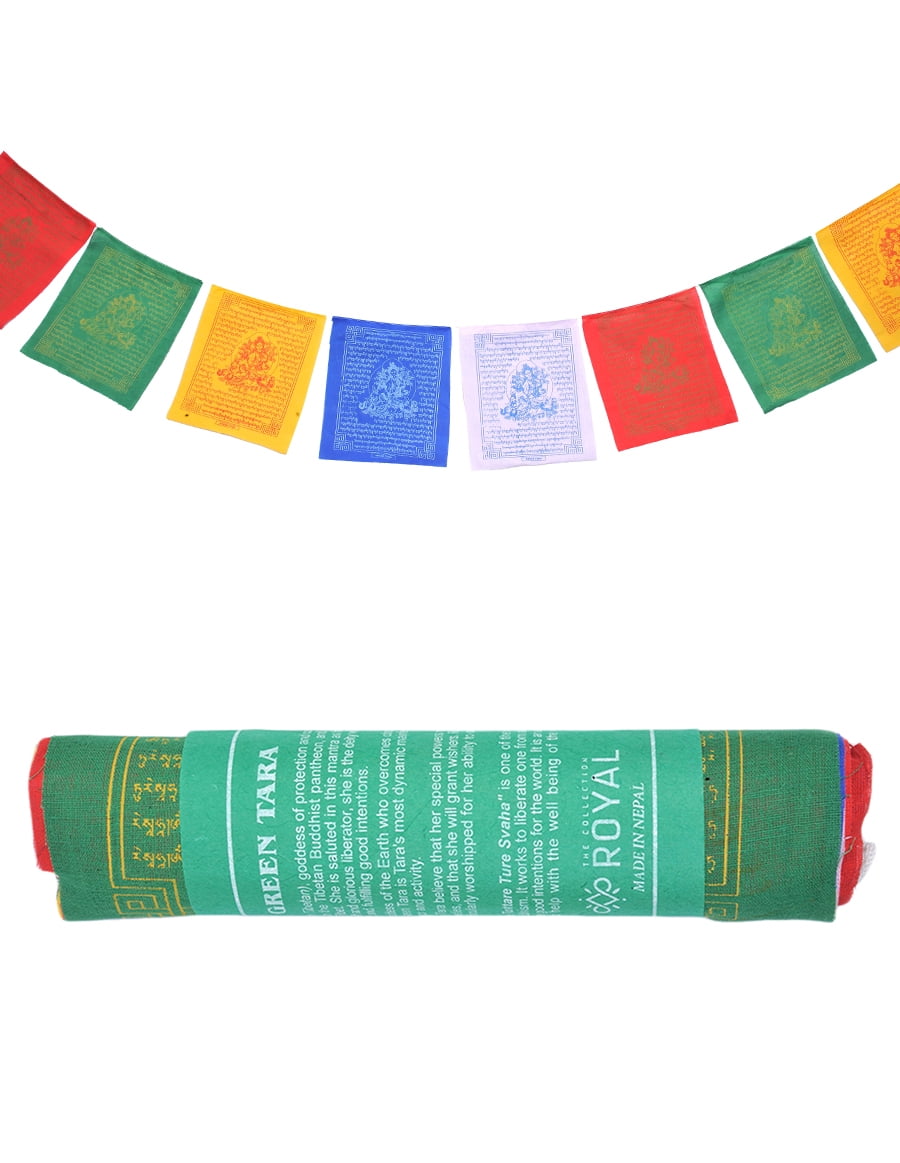 The Collection Royal Tibetan Prayer Flags Outdoor, Zen Flag, Colorful Buddhist Banner, Chakras Flags, Sacred Geometry Flag, Made in Nepal Wind Horse Flag, Traditional Mantras (Green Tara)