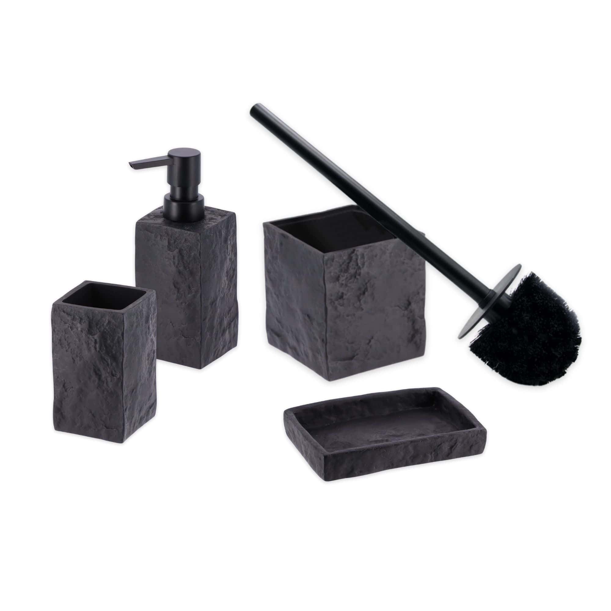 Black Stone Effect Polyresin Bathroom Accessory Set, 4 Pieces