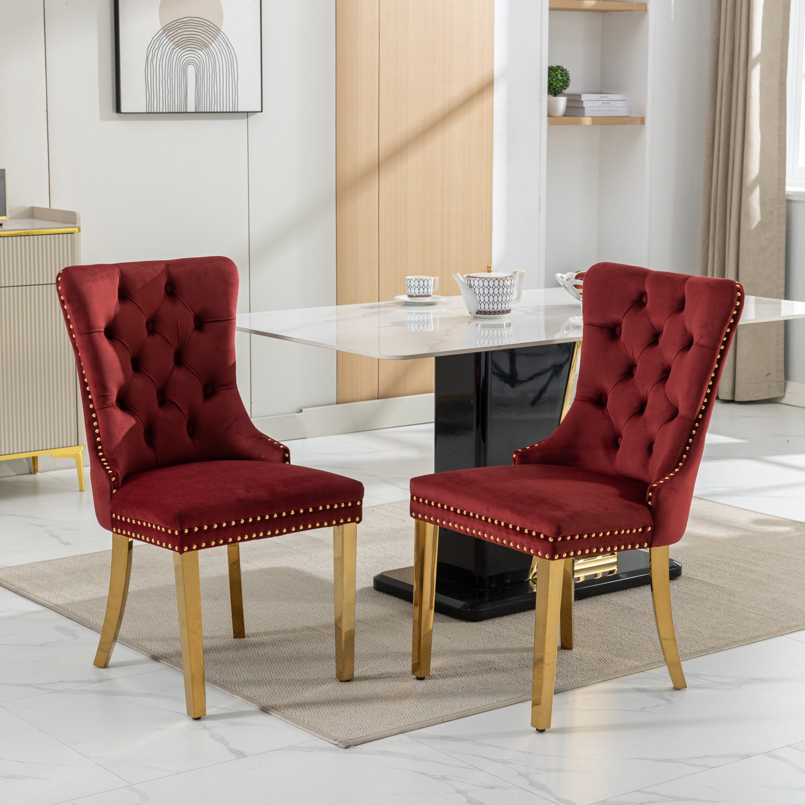 Collection Tufted Velvet Dining Chair, Nailhead Trim, Solid Wood Legs, Set of 2