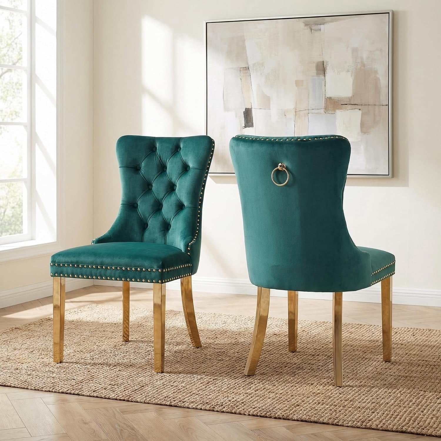 Collection Tufted Velvet Dining Chair, Nailhead Trim, Solid Wood Legs, Set of 2