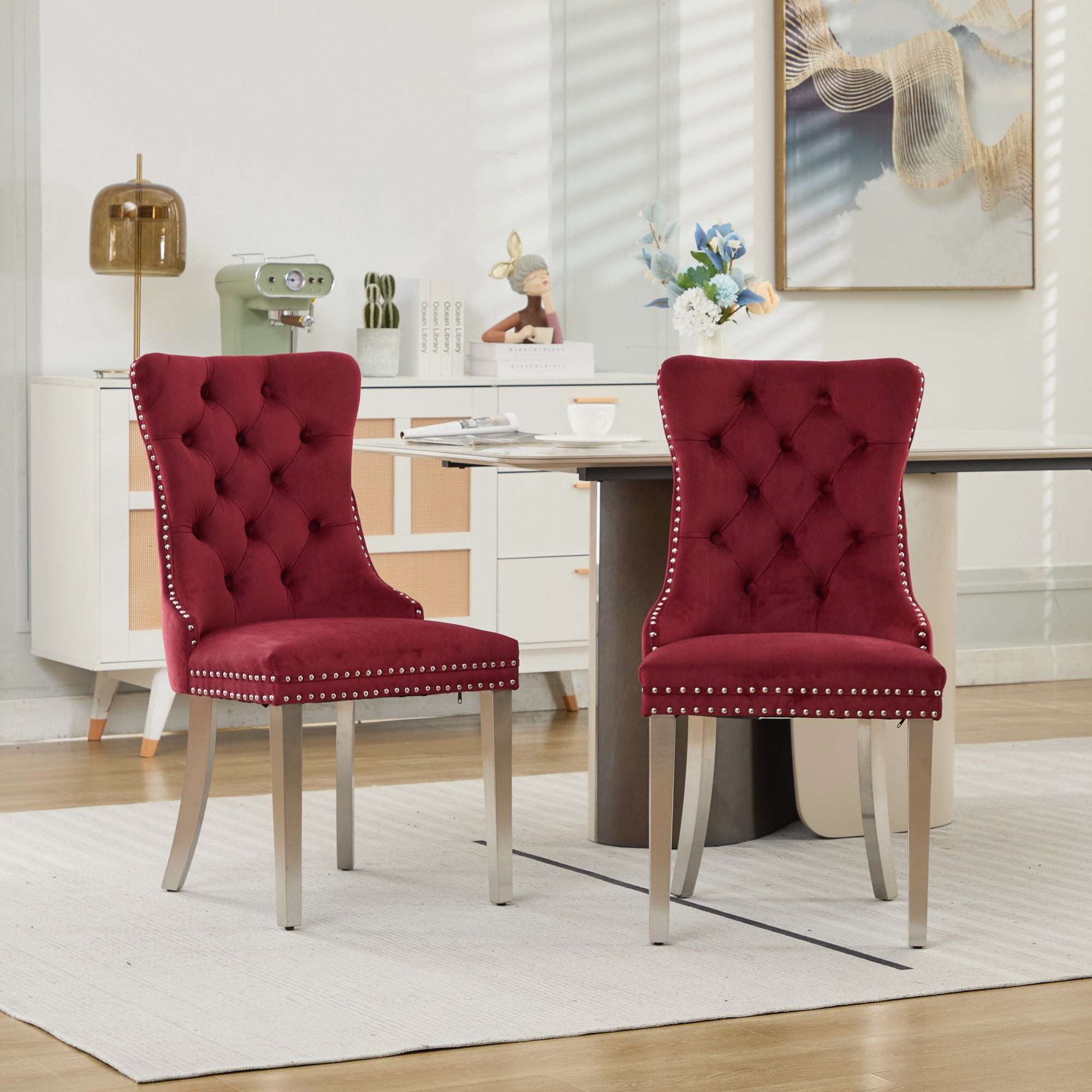 Collection Tufted Velvet Dining Chair, Nailhead Trim, Solid Wood Legs, Set of 2