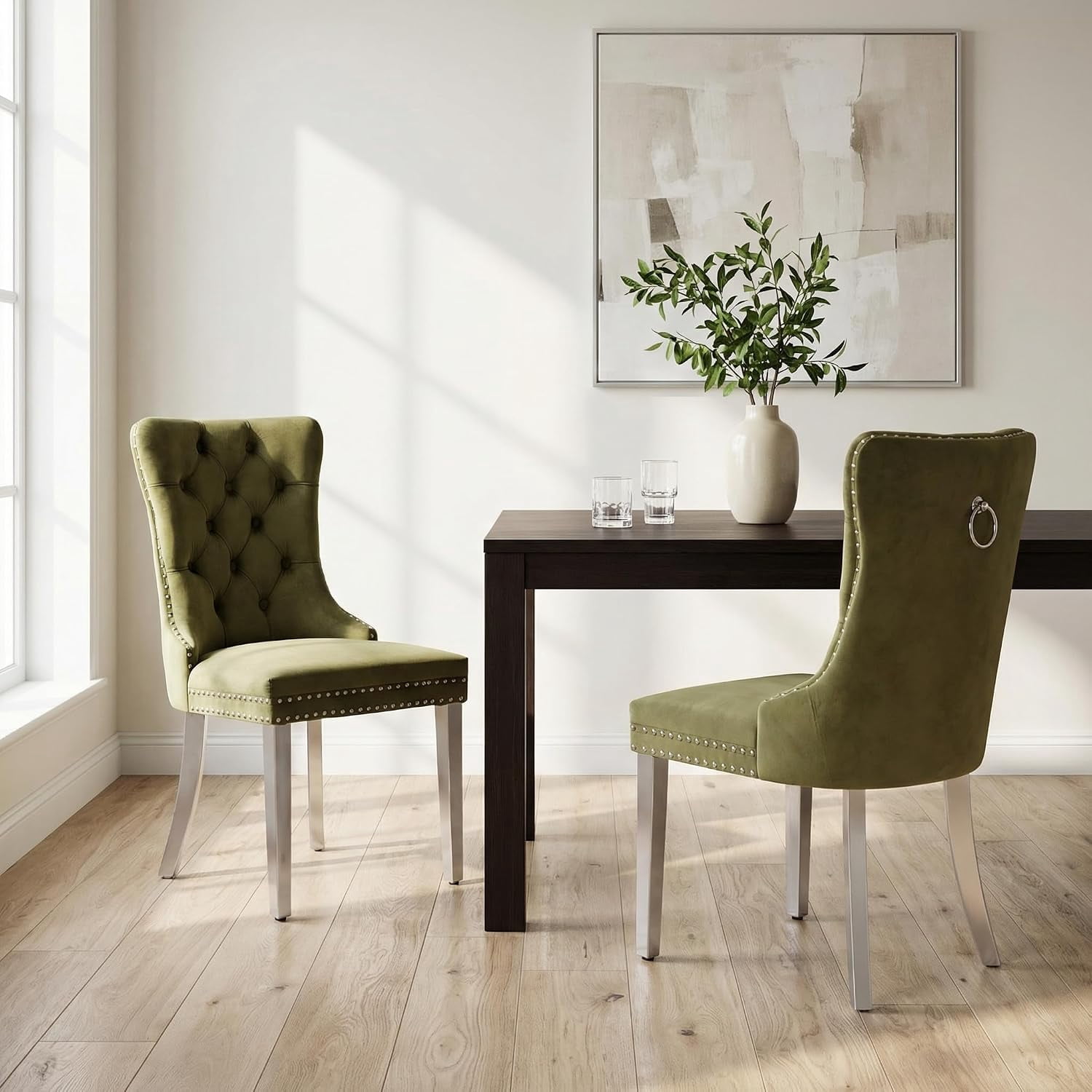 Collection Tufted Velvet Dining Chair, Nailhead Trim, Solid Wood Legs, Set of 2