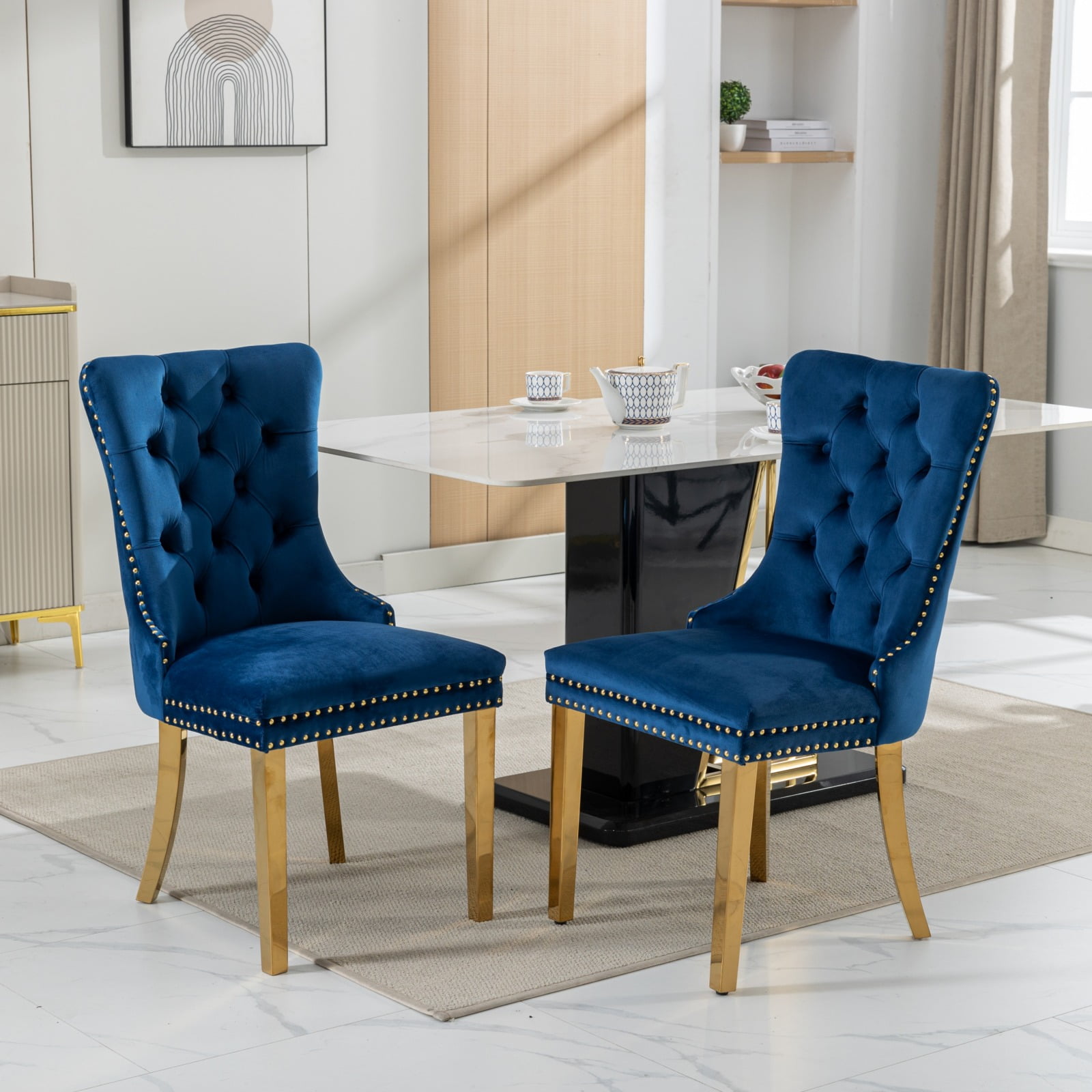 Collection Tufted Velvet Dining Chair, Nailhead Trim, Solid Wood Legs, Set of 2