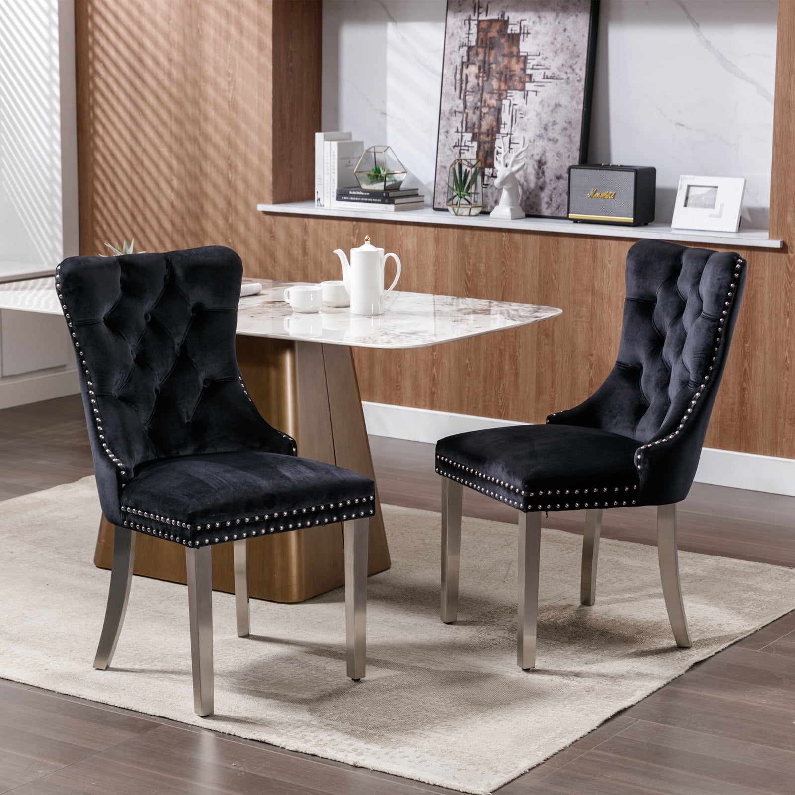 Collection Tufted Velvet Dining Chair, Nailhead Trim, Solid Wood Legs, Set of 2
