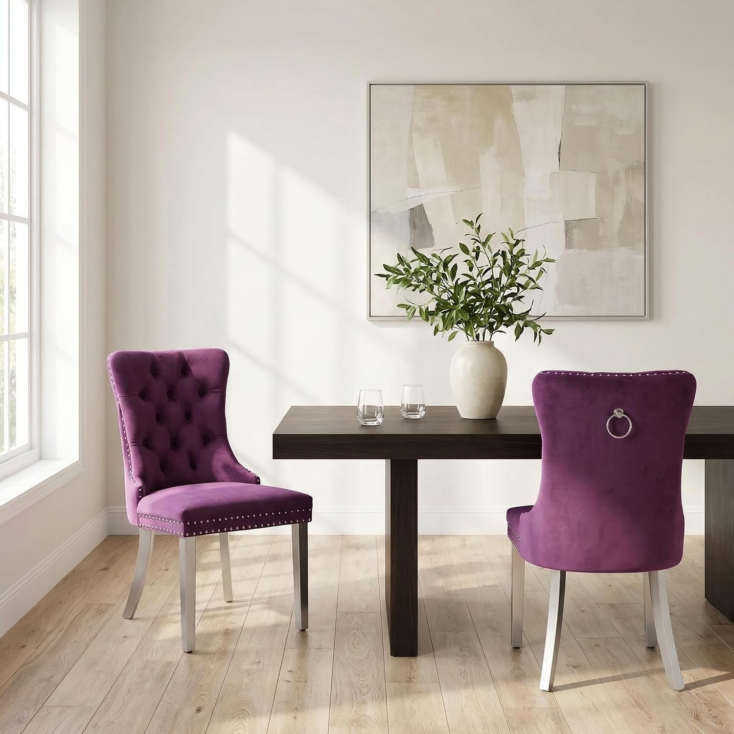 Collection Tufted Velvet Dining Chair, Nailhead Trim, Solid Wood Legs, Set of 2