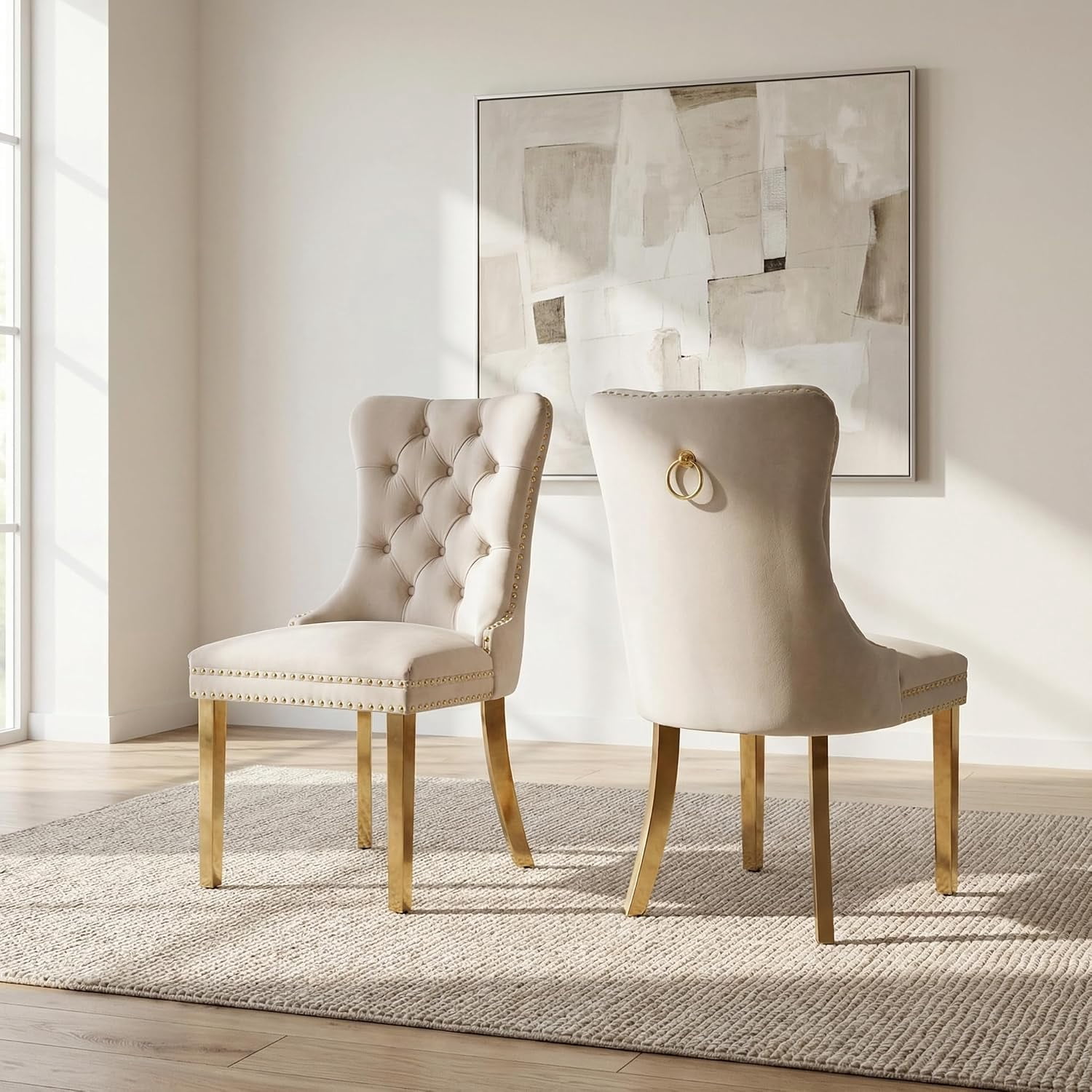 Collection Tufted Velvet Dining Chair, Nailhead Trim, Solid Wood Legs, Set of 2