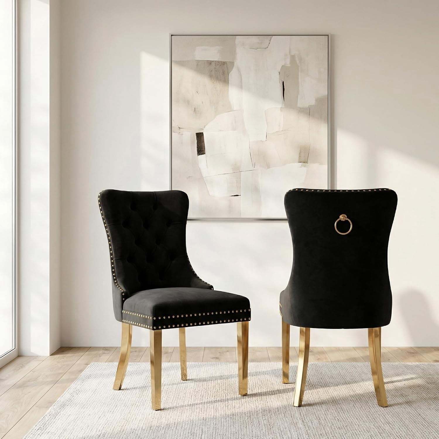 Collection Tufted Velvet Dining Chair, Nailhead Trim, Solid Wood Legs, Set of 2