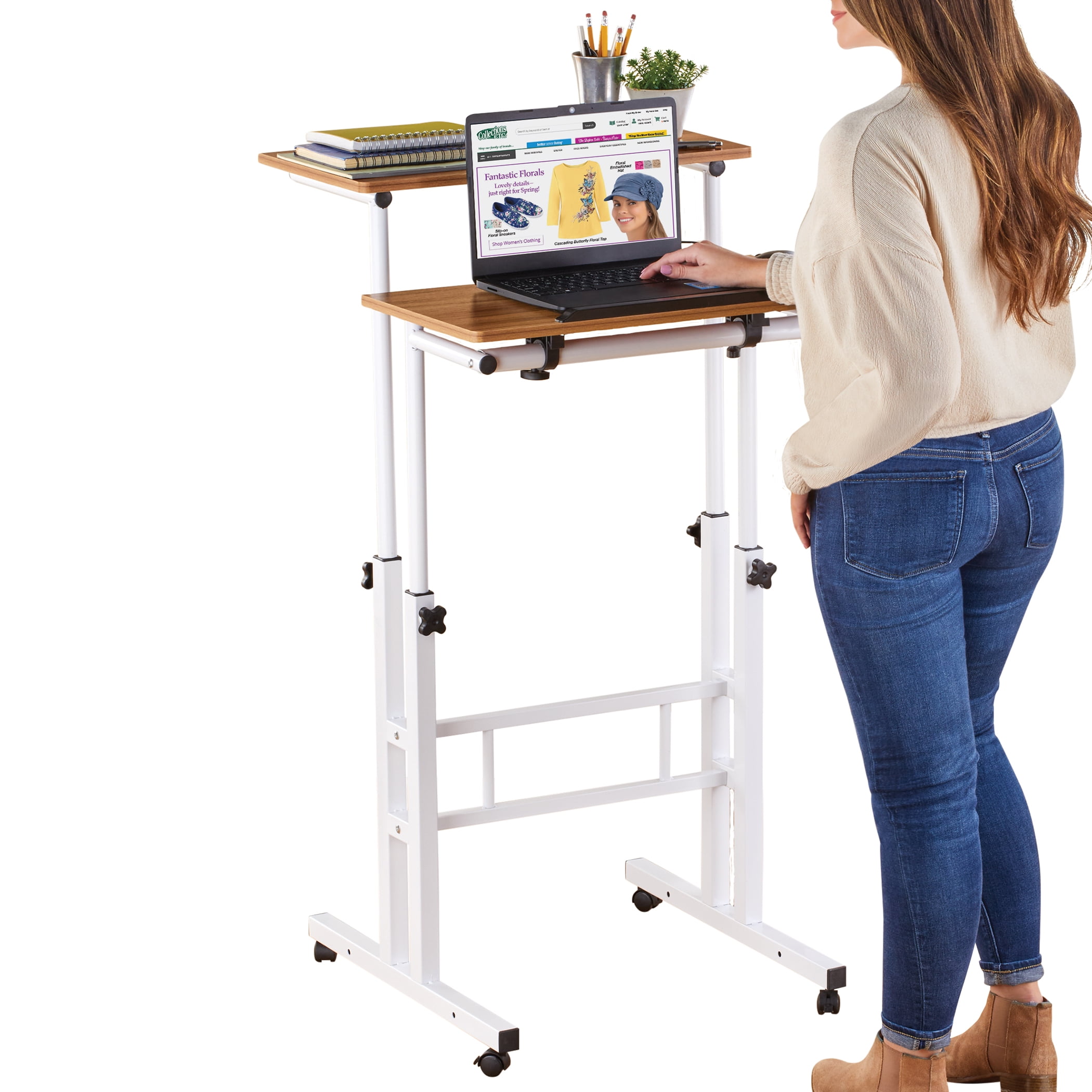 Collections Etc 2Tier Standing AdjustableHeight Office Rolling Desk