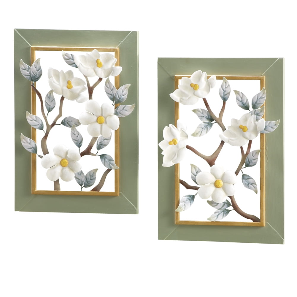 Hand-Painted 3D Magnolia Blossoms Metal Wall Art Set