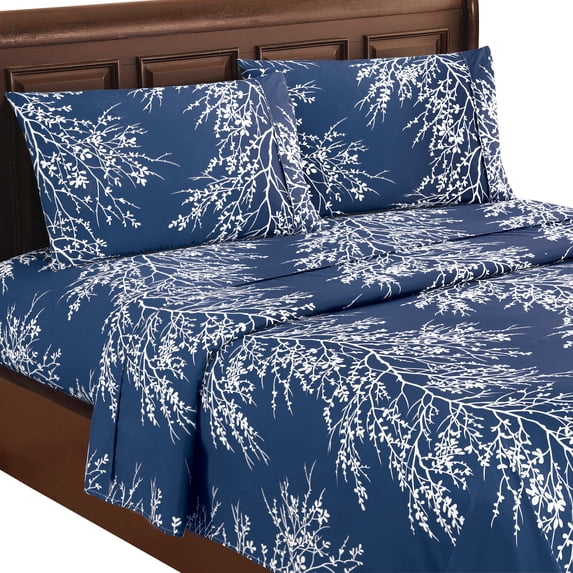 Collections Etc 4-Piece Foliage Bed Sheets and Pillowcases Set | Graceful Branch Design | Fitted Sheet, Flat Sheet, Pillowcases | Machine Wash, Polyester