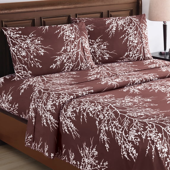 Collections Etc 4-Piece Foliage Bed Sheets and Pillowcases Set Chocolate - King