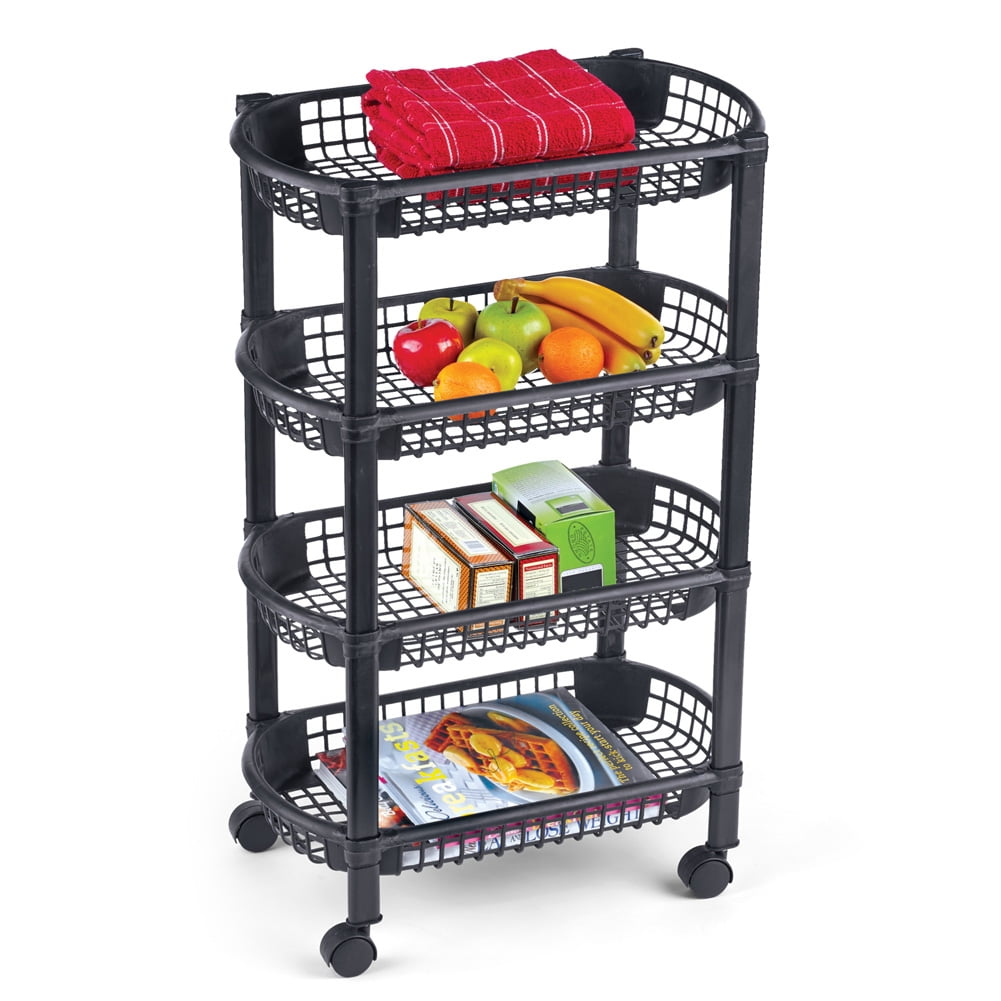 Black 4-Tier Rolling Utility Cart with Storage Baskets