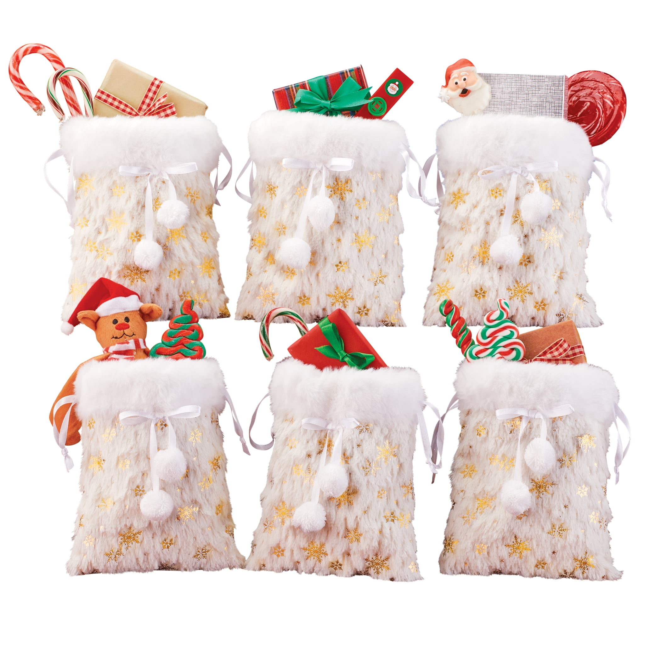 White Faux Fur Snowflake Treat Bags with Pom Pom Accents, Set of 6