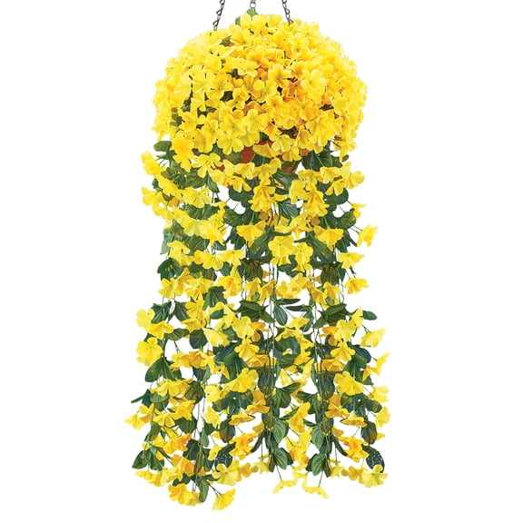 Collections Etc Artificial Floral Hanging Bushes - Set of 2 - Cascading Blossoms - For Indoor or Outdoor Use - Yellow, Purple, Fuchsia - For Mantel, Basket, Front Porch - Polyester, Plastic