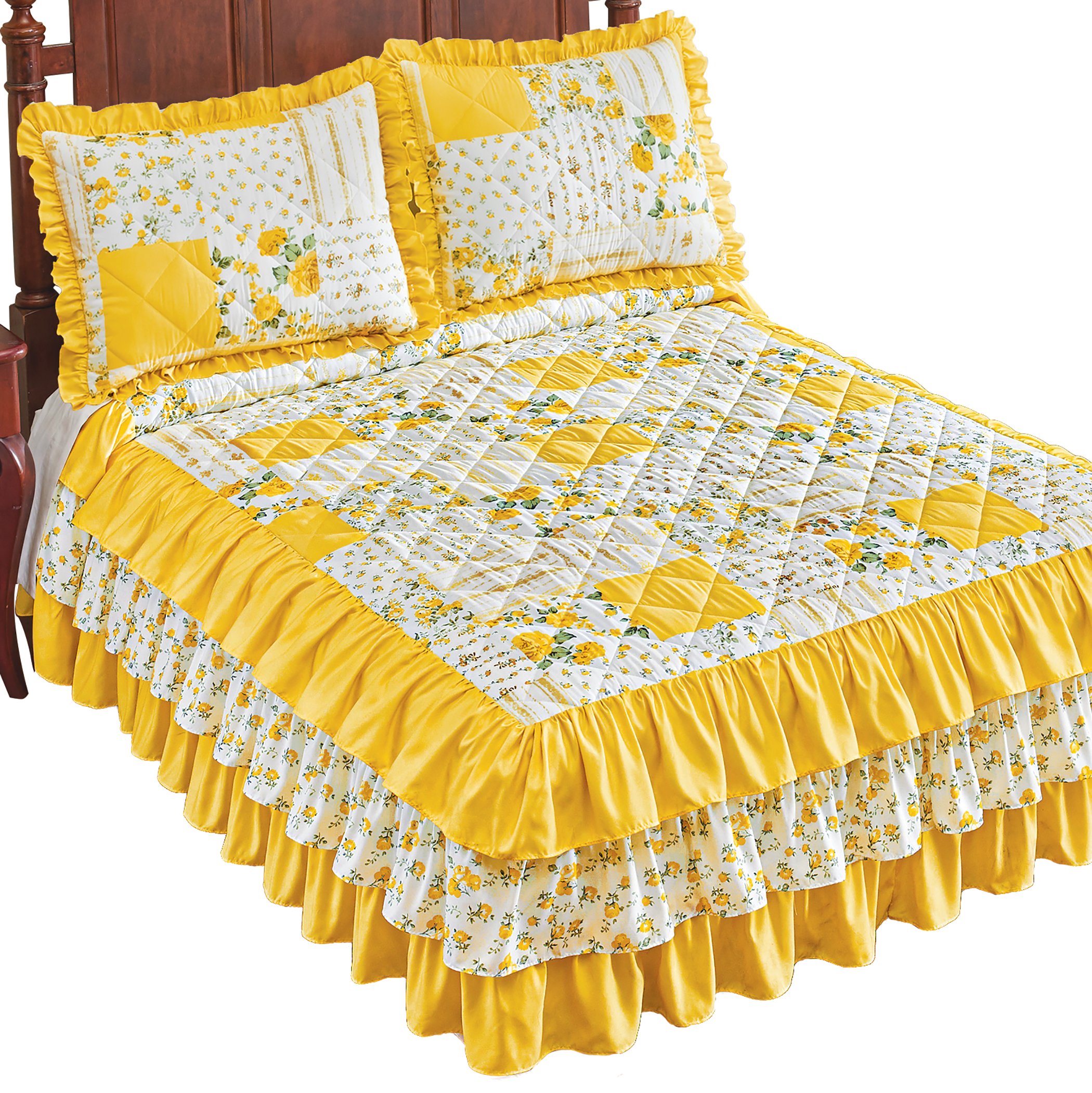 Collections Etc Beautiful Floral Patchwork Ruffled Quilt Top Bedspread | Florals, Solids, Stripes | Ruffle Edges | Pillow Shams Sold Separate | Machine Wash | Polyester