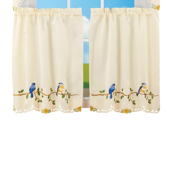 Collections Etc Beautiful Perched Songbirds Window Curtains - Embroidered Birds on Perched Leaf Branch - Scroll Cutout Details - Rod Pocket Tops for Easy Hanging - Machine Washable, Polyester
