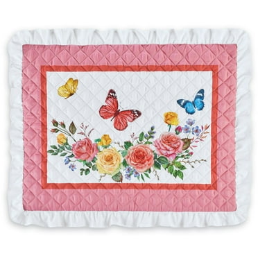 Collections Etc Beautiful Pink Floral Butterfly Wreath Ruffled Pillow Shams - Set of 2 Multi Sham