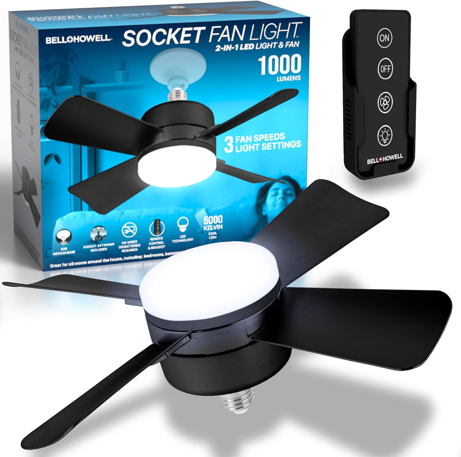 Collections Etc Bell + Howell Black Socket Fanlight with Remote Control