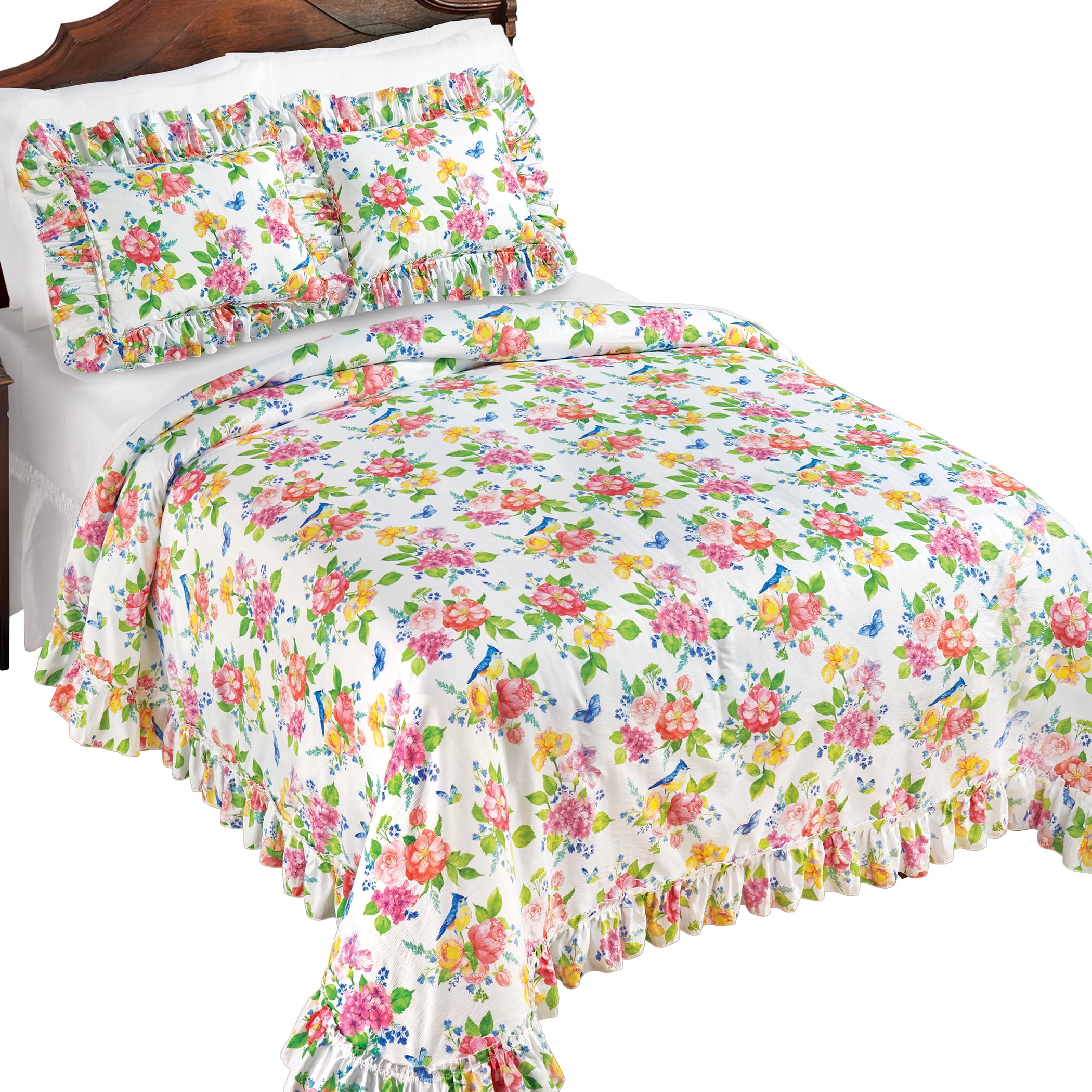 Collections Etc Birds & Butterflies Floral Plisse Bedspread with Ruffled Trim