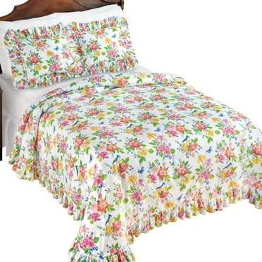 Collections Etc Birds & Butterflies Floral Plisse Bedspread with Ruffled Trim
