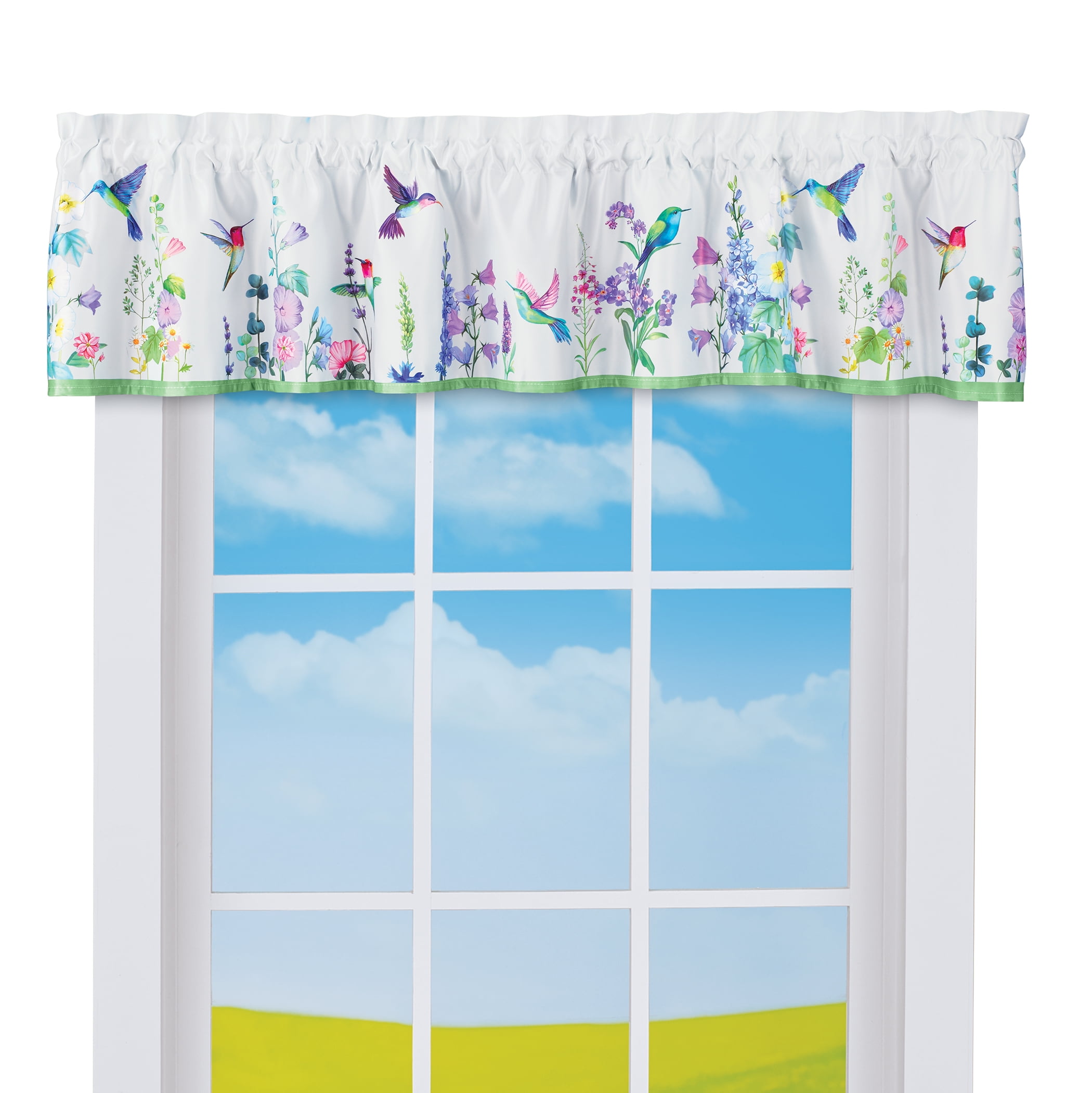 Blossoming Hummingbird Garden Valance with Green Trim