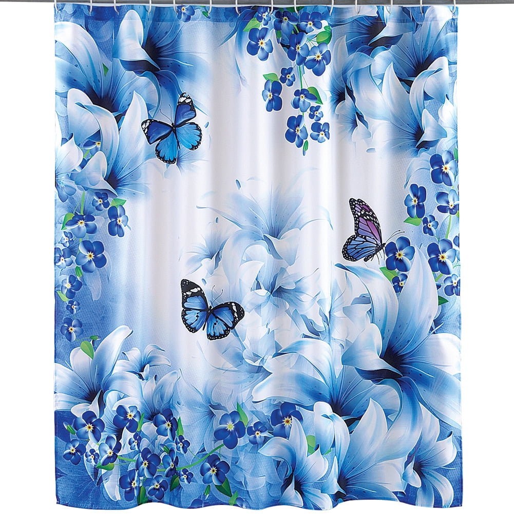 Blue and White Floral Butterfly Garden Polyester Shower Curtain