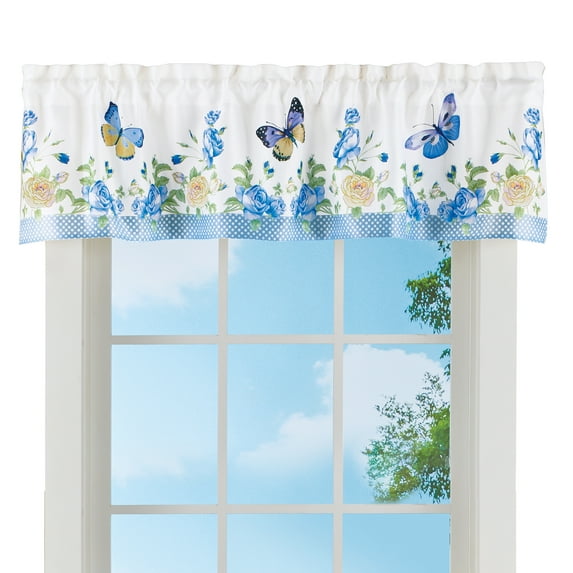 Collections Etc Blue & Ivory Floral Rose Butterfly Window Curtains