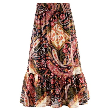 Collections Etc Bold Paisley Print Flounce-Hem Elasticized Waist Skirt