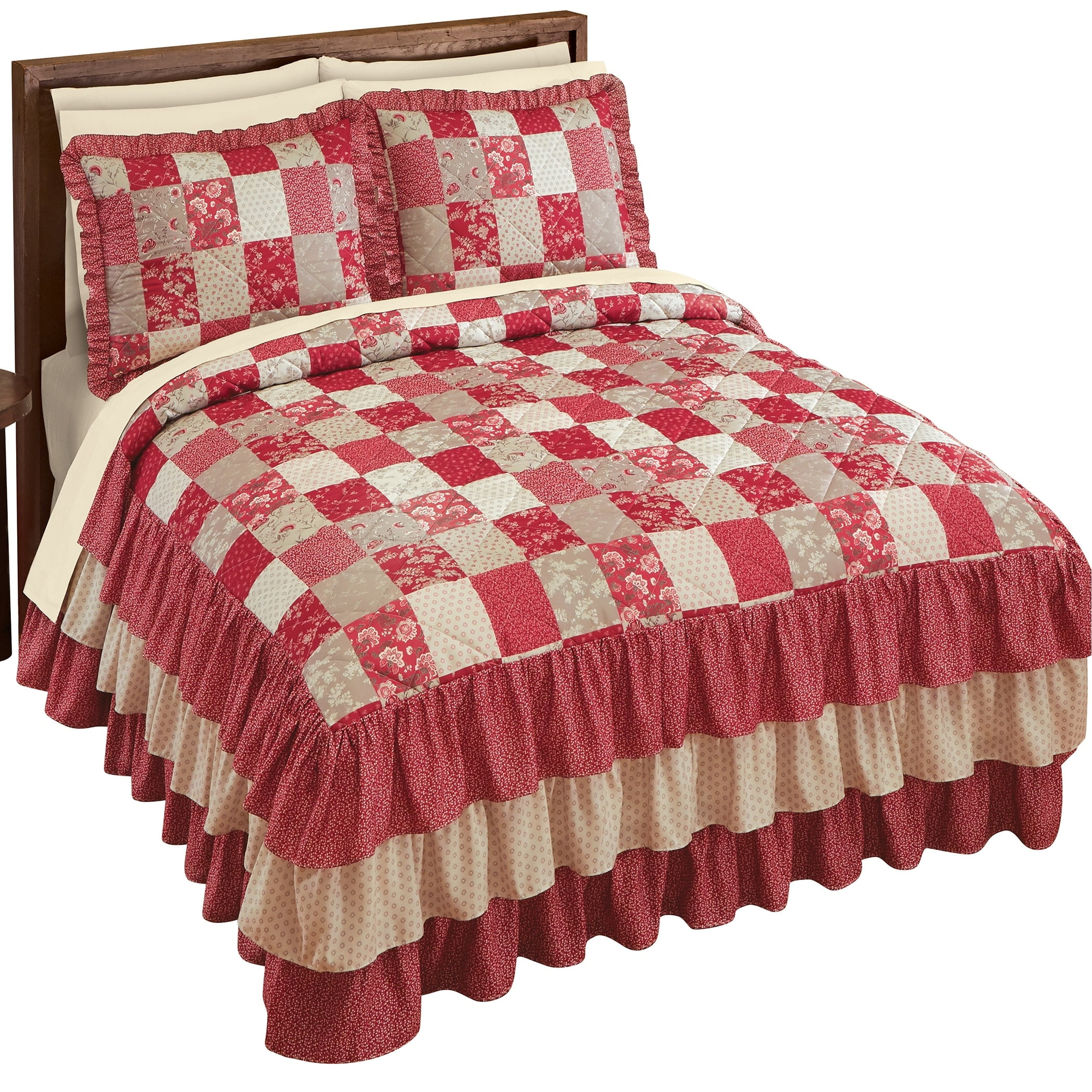 Collections Etc Burgundy Patchwork Triple Ruffle Bedspread