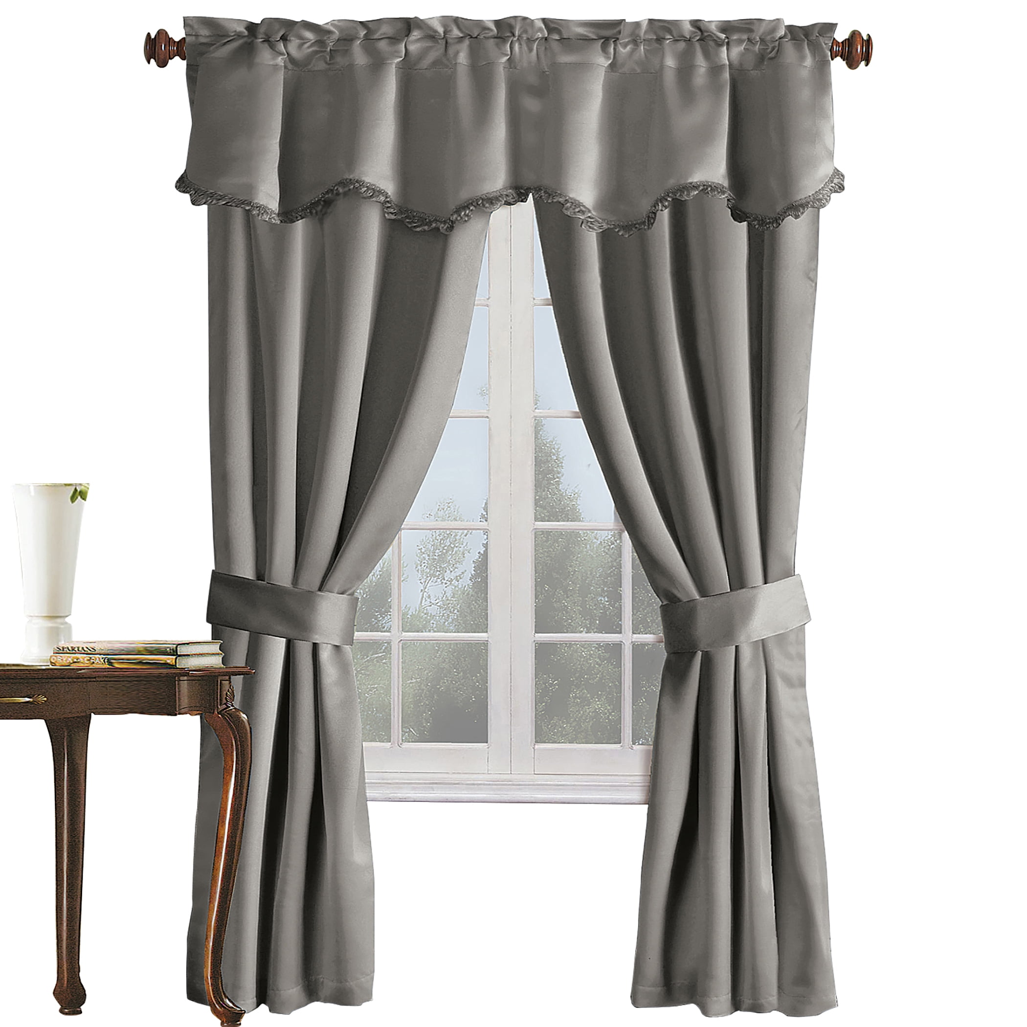 Gray Polyester Room-Darkening Drapery Set with Valance and Tiebacks
