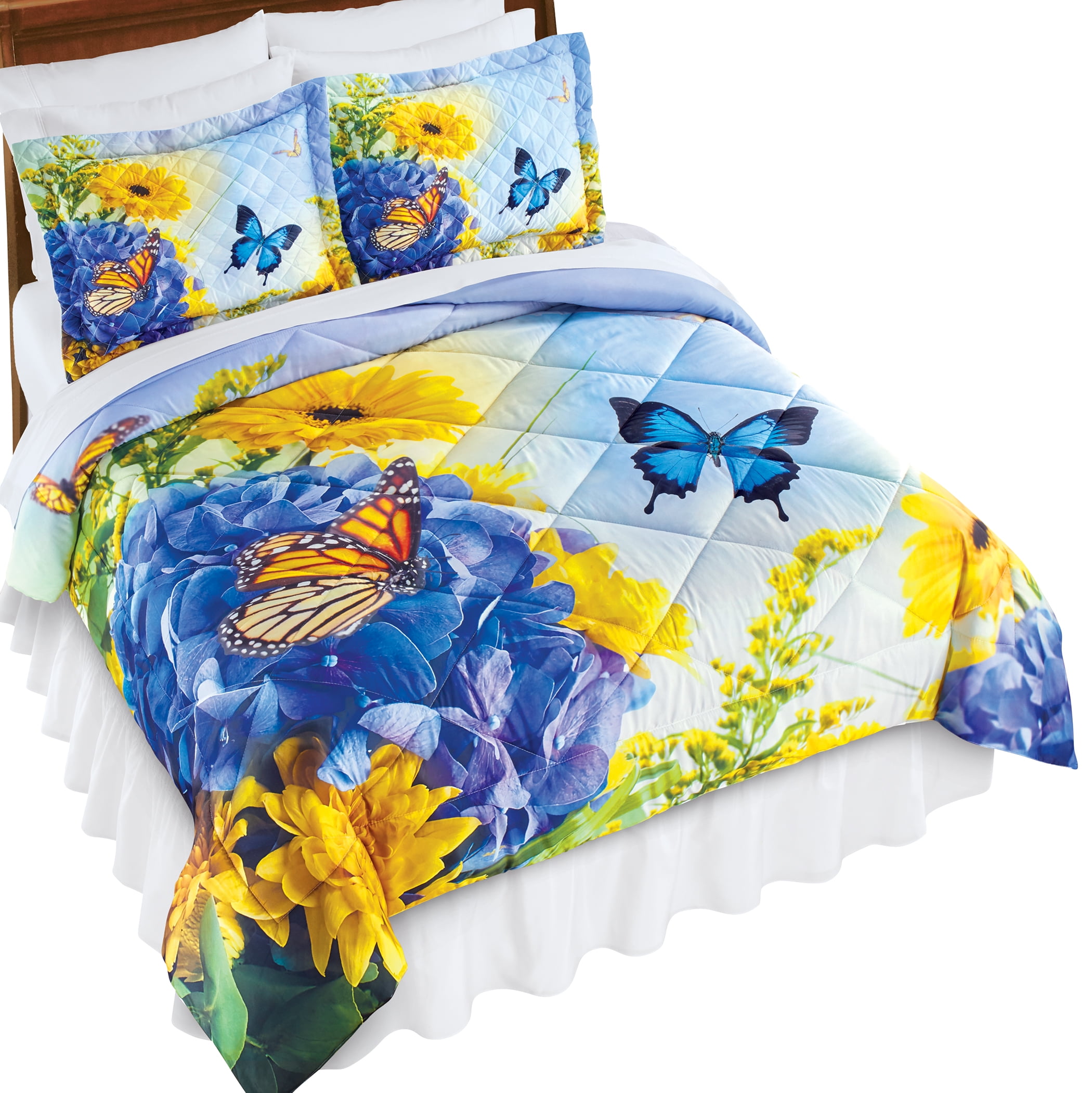 Full Blue Butterfly Floral Comforter Set with Shams