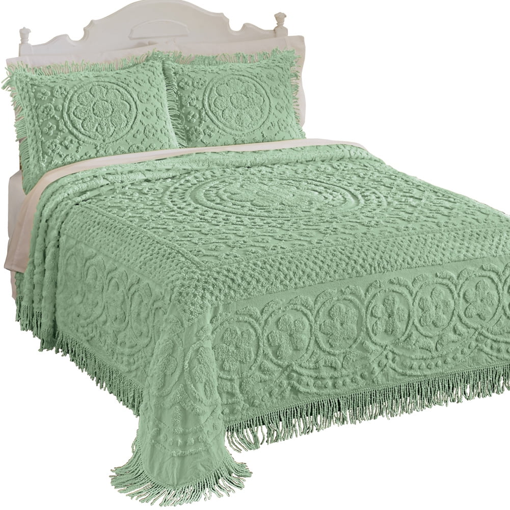 Collections Etc Calista Chenille Lightweight Bedspread with Fringe Border, Sage, Twin