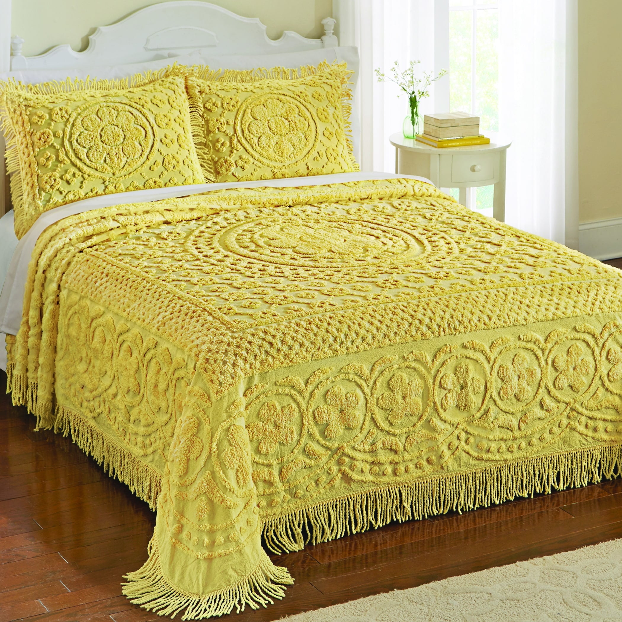 Yellow Cotton Chenille Full Bedspread with Fringe Border