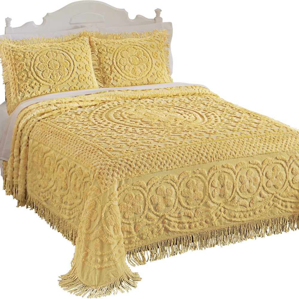 Collections Etc Calista Chenille Lightweight Bedspread with Fringe Border, Yellow, King