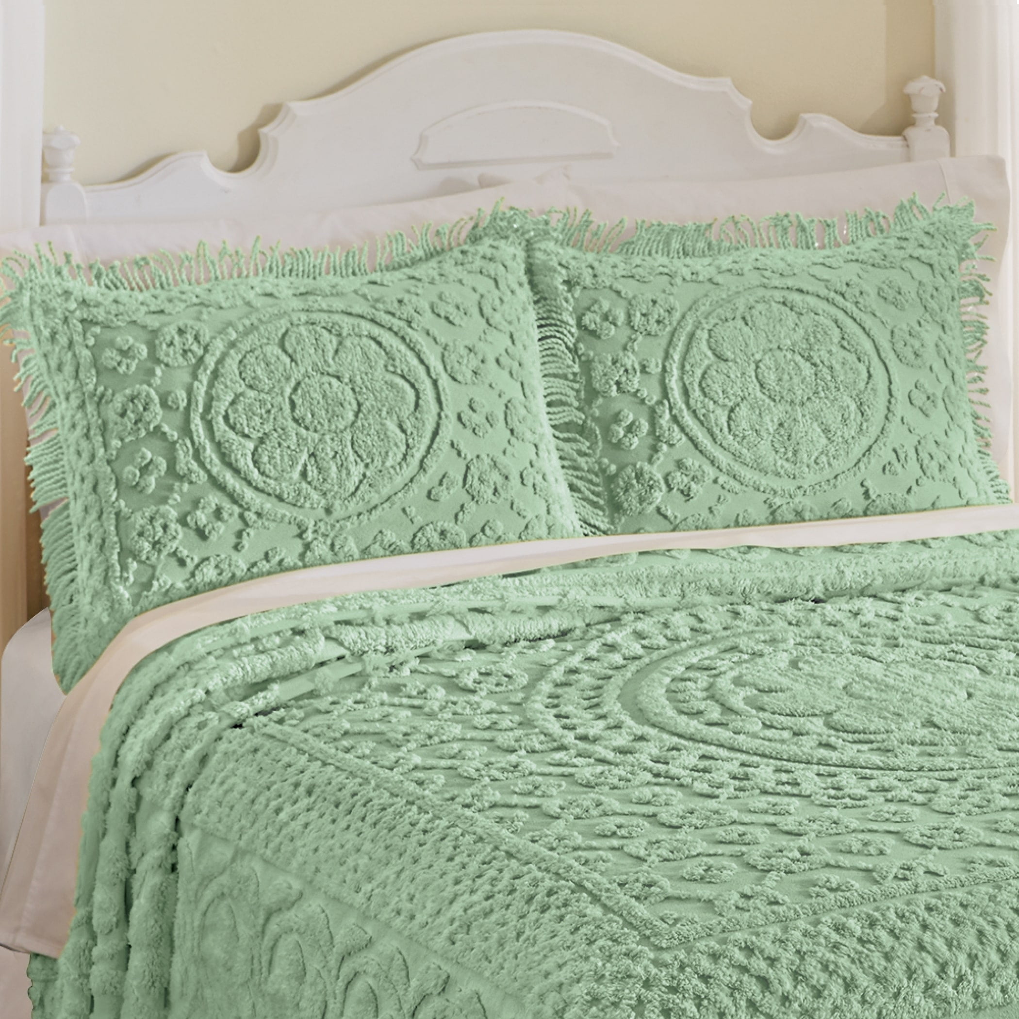 Sage Cotton Chenille Floral Standard Pillow Sham with Fringe