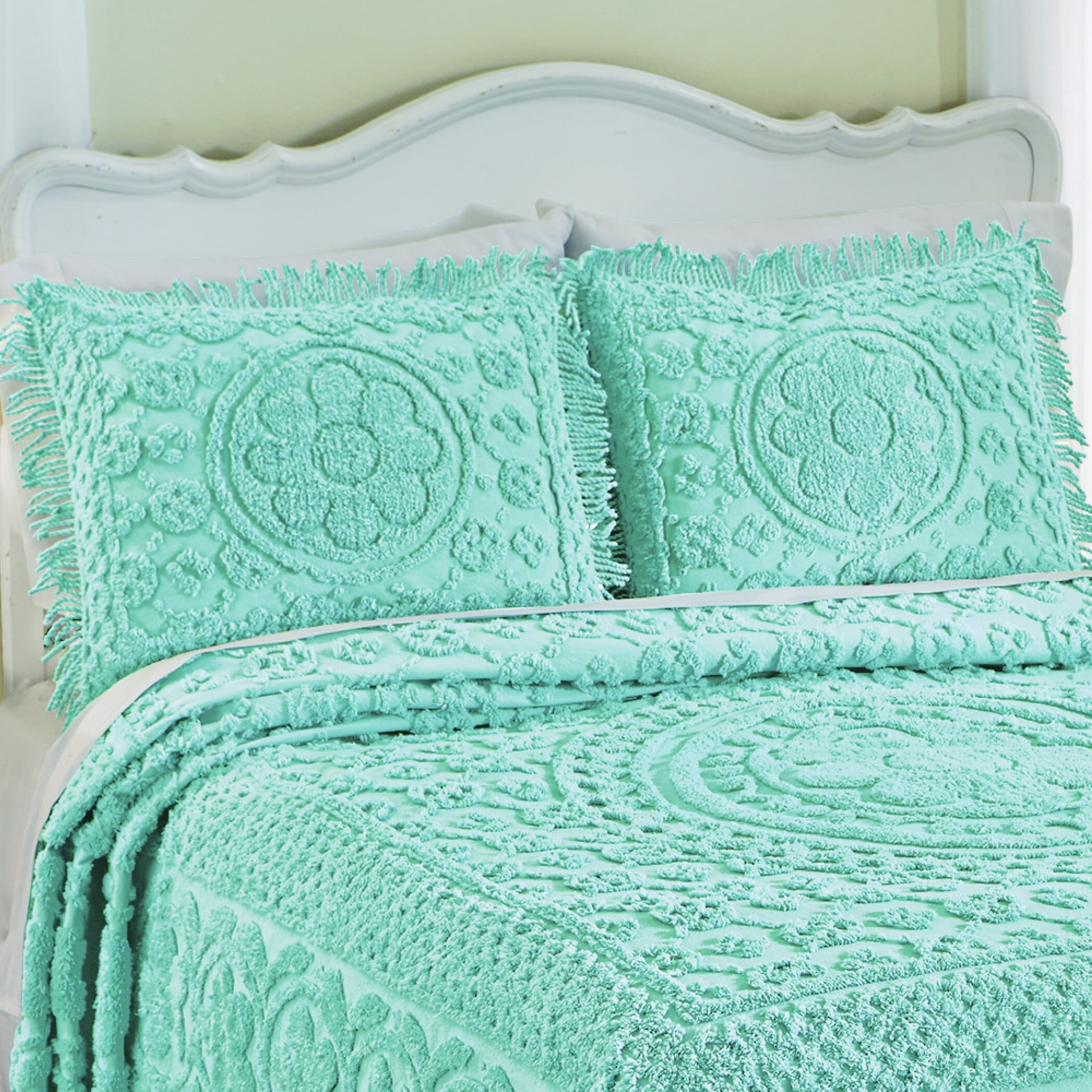 Turquoise Cotton Chenille Floral Standard Pillow Sham with Fringe