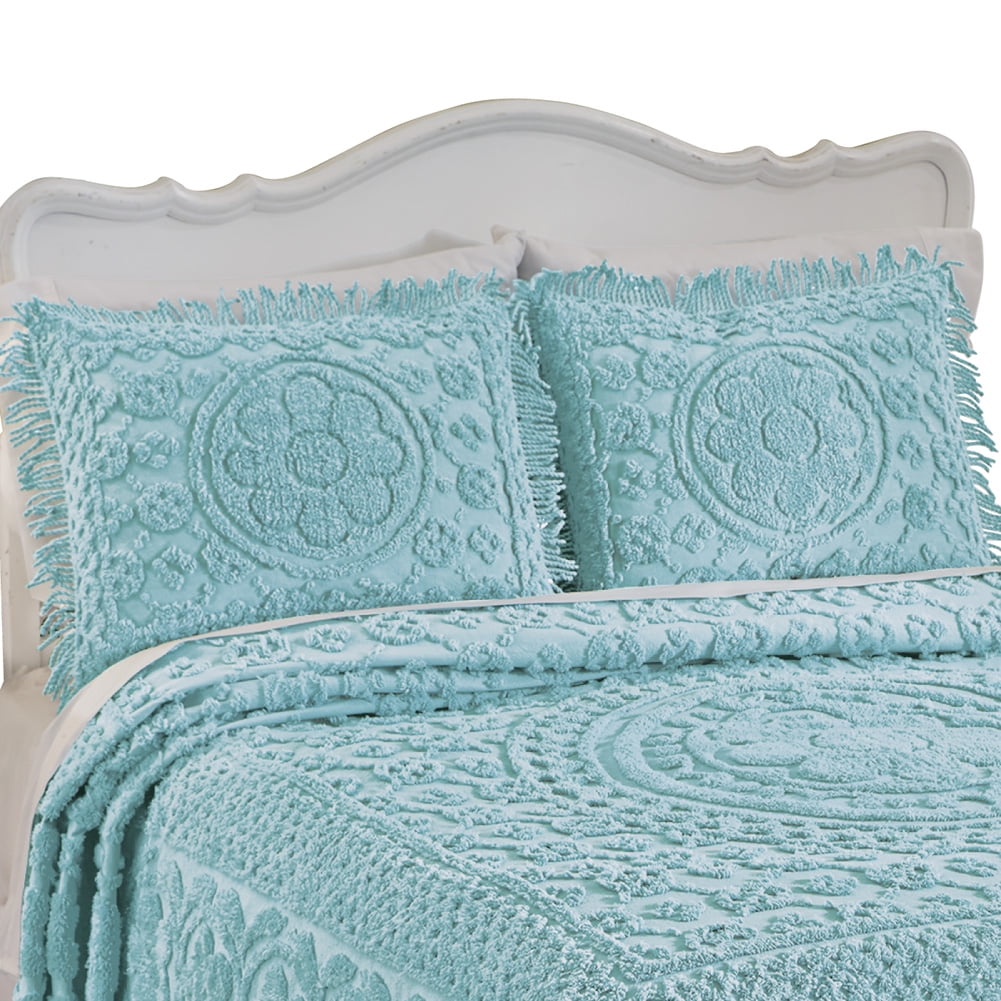 Turquoise Cotton Chenille Floral Standard Pillow Sham with Fringe