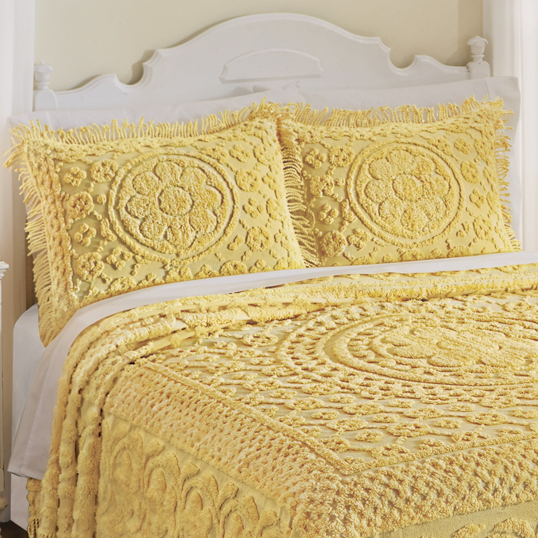 Yellow Chenille Cotton Standard Pillow Sham with Fringe Border