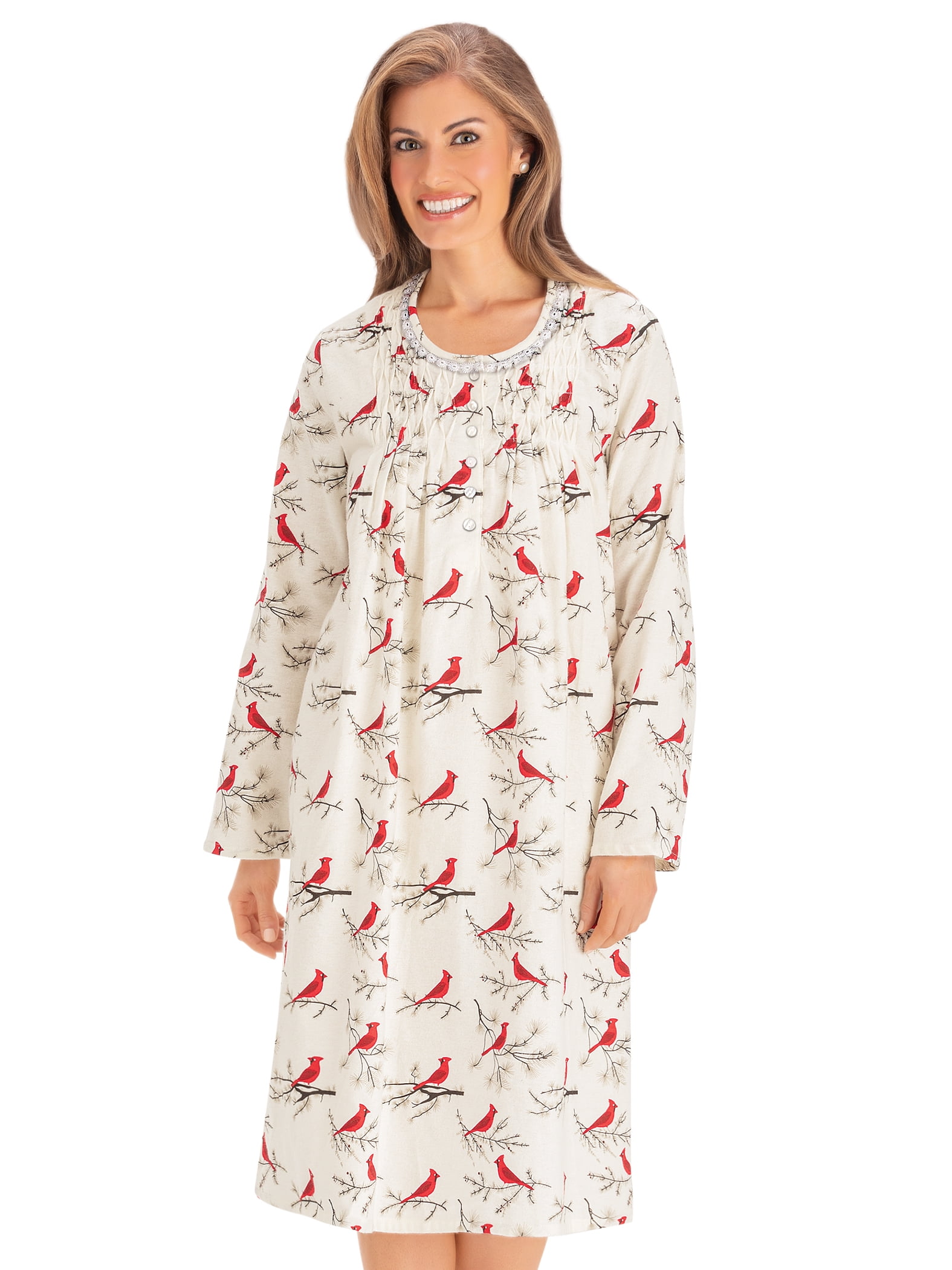 Collections Etc Cardinal Print Flannel Cotton Long Sleeve Nightgown ...
