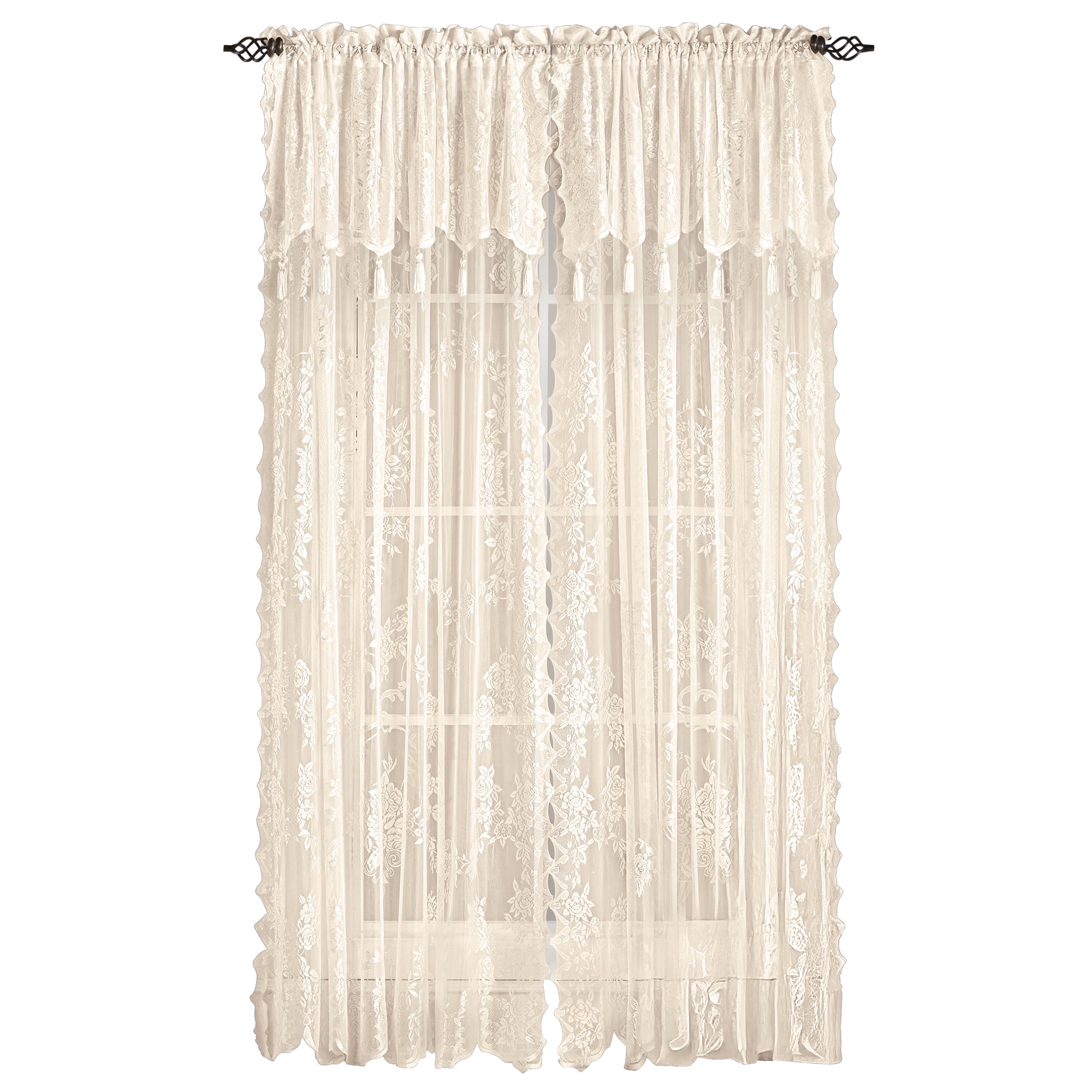 Ecru Sheer Lace Curtain Panel with Attached Valance, 56" x 84"