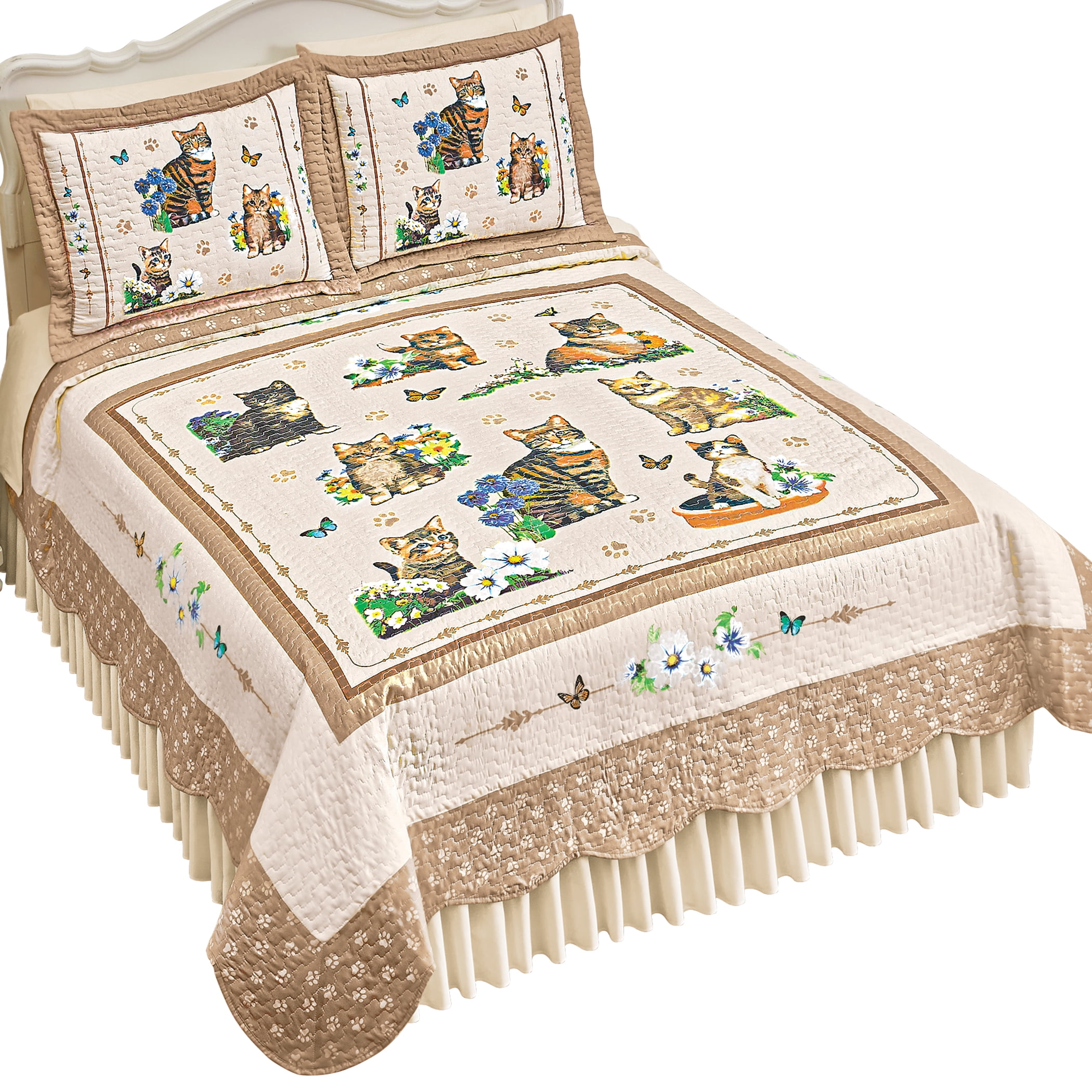 Twin Beige Polyester Cat Print Quilt Set