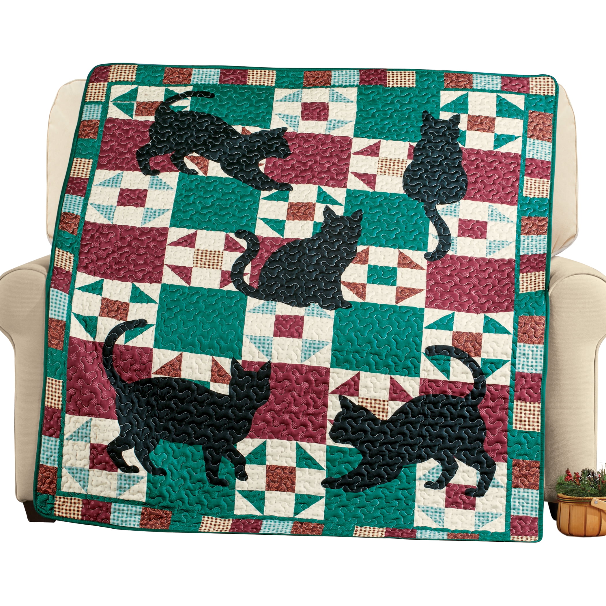 Cozy Quilted Cat Patchwork Throw in Green, Burgundy, and Cream