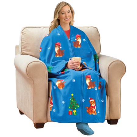 Collections Etc Christmas Cat Soft Fleece Zippered Cuddle Wrap Blanket | Wrap and Blanket | Machine Washable | Polyester | 60"L x 67"W