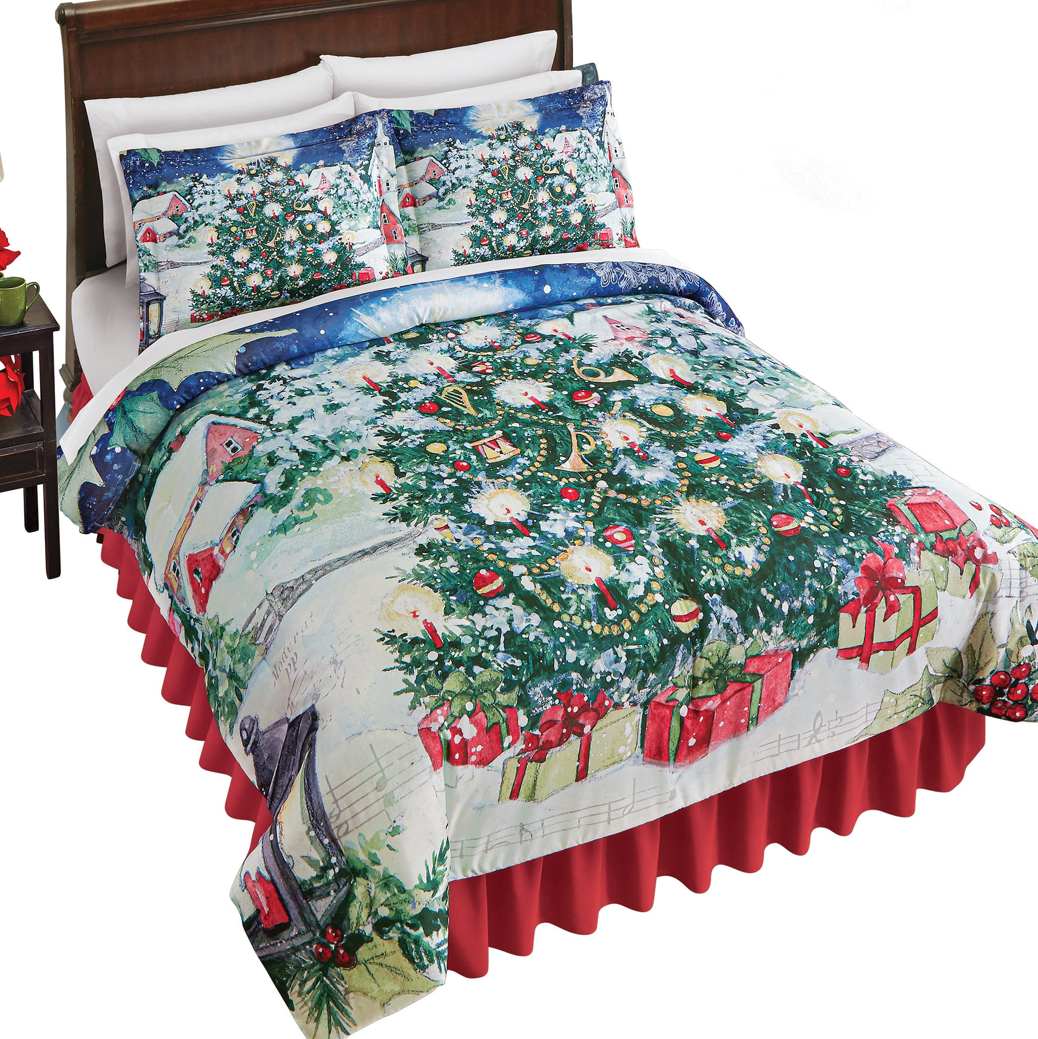 Festive Christmas Tree Twin Comforter Set in Blue Polyester