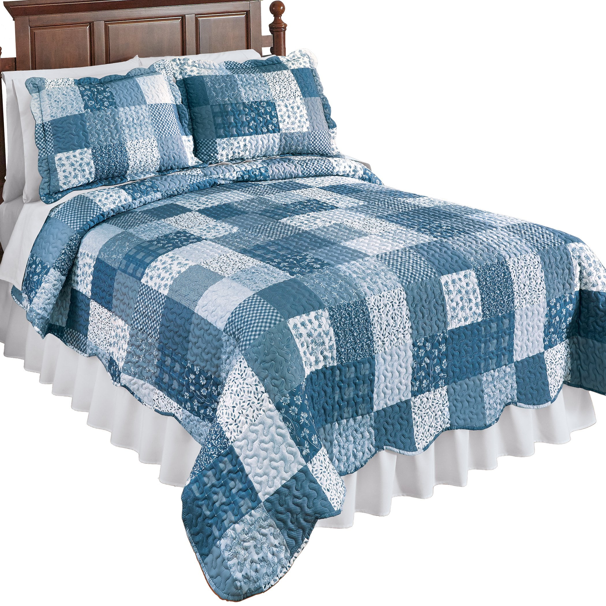 King Blue Multi Floral Patchwork Scalloped Edge Quilt