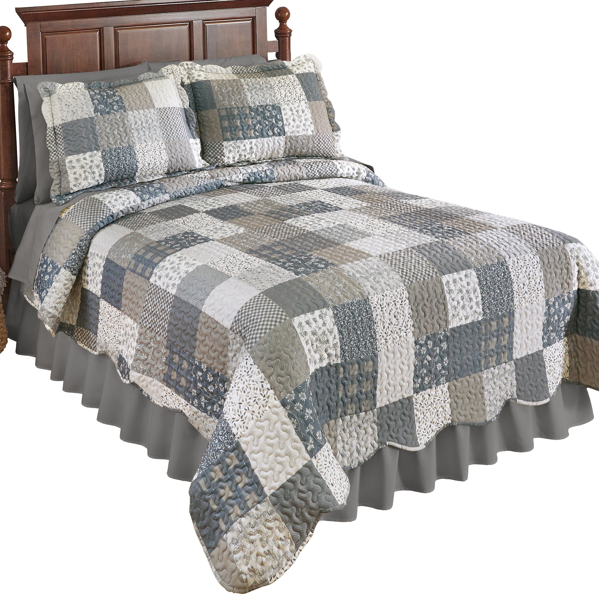 Collections Etc Floral Patchwork Quilt - Scalloped Edge, Neutral Multi Colors, Full/Queen Size